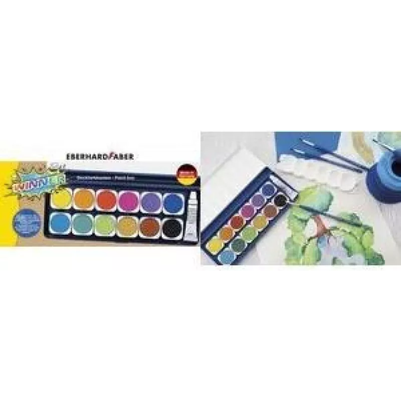 Faber-Castell Eberhard Faber WINNER plakkaatverfdoos, 12 heldere kleuren, transparant afneembaar deksel 578314
