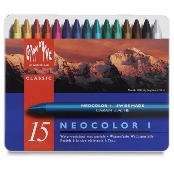 Caran d'Ache Neocolor I waskrijtjes, 15 verschillende kleuren, rond, papierwikkel, metalen doos 7000.315