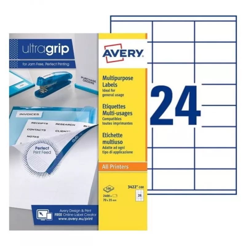 AVERY multifunctionele etiketten 70 x 35 mm wit Ultragrip, 2400 etiketten (3422-100.FR)