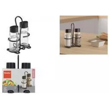 Metaltex Spice Line zout- en peperstrooier-set, 3-delig, glas met zwarte kunststof deksels, transparant 252871000