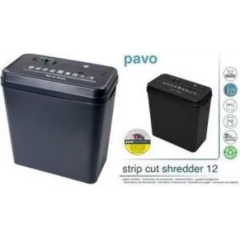 PAVO strokenversnipperaar 12 vel, 6 mm stroken, 220 mm invoer, 18 L bak, zwart (8000784)