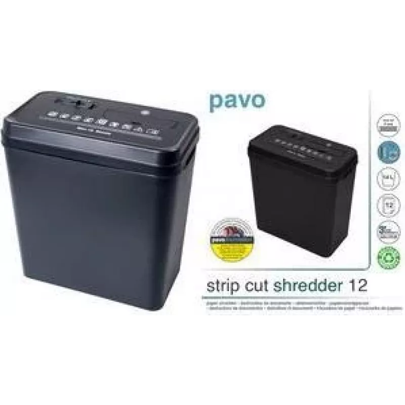 PAVO strokenversnipperaar 12 vel, 6 mm stroken, 220 mm invoer, 18 L bak, zwart (8000784)