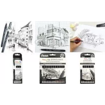 PentelArts permanent fineliner Pointliner 8-delige set, zwart, 0,03 mm tot 0,8 mm + penseel YS20P-8