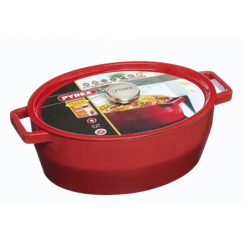 Pyrex gietijzeren braadpan ovaal 5,8L rood 33x25cm