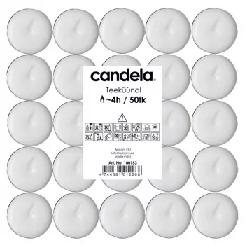 CANDELA theelichtjes 50 st., wit, geurvrij, 4 uur brandduur, aluminiumcupjes
