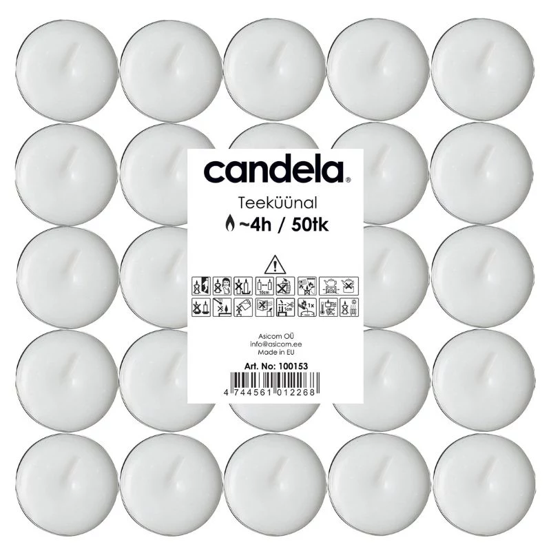 CANDELA theelichtjes 50 st., wit, geurvrij, 4 uur brandduur, aluminiumcupjes