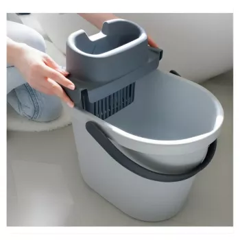ECO EGO ovale emmer met platte drukknop-wringer, 10 L, grijs/groen, polypropyleen