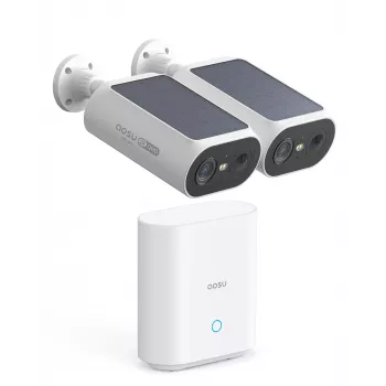 AOSU Smart Security SolarCam P1 SE systeem 2-cam kit, 2K QHD, draadloos, op zonne-energie, kleurennachtzicht, tweeweg-audio, IP65, 2 camera's