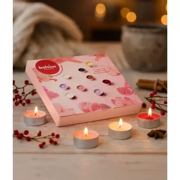 BOLSIUS geschenkset in een doos theelichtjes mix aroma's + glazen kaarsenhouder
