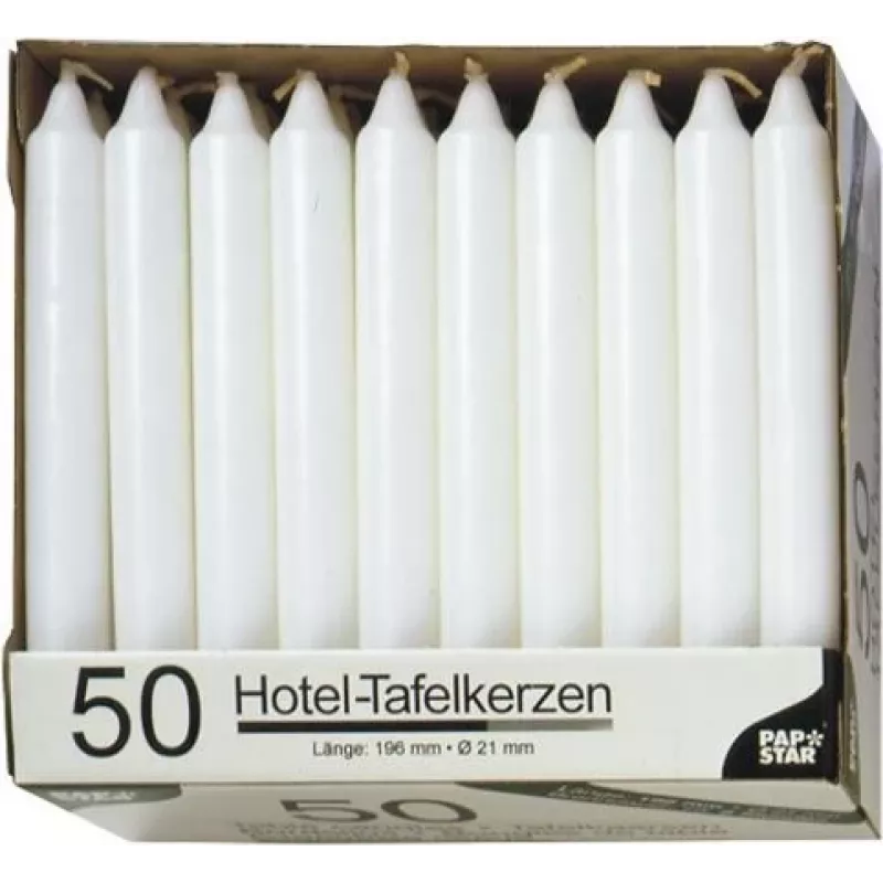 PAPSTAR kaars wit 196 mm hoogte 22 mm diameter, 100 stuks, paraffine, 7 uur brandduur