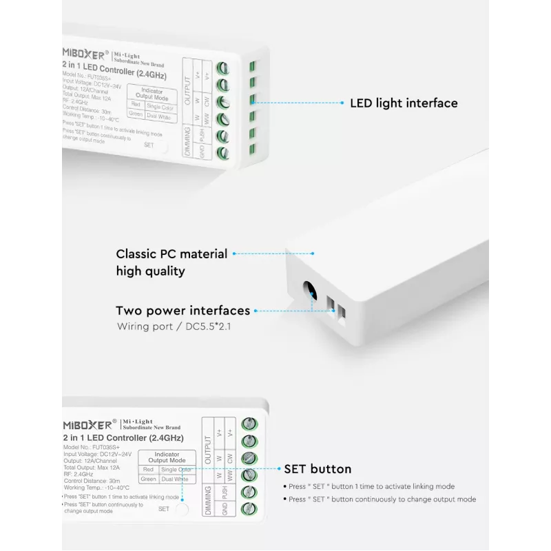 MiBoxer FUT035S+16kHz 2-in-1 dual white LED-controller (DC12/24V, 2,4GHz, 16kHz flikkervrij)