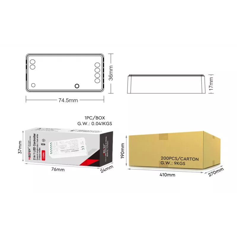MiBoxer FUT035S+16kHz 2-in-1 dual white LED-controller (DC12/24V, 2,4GHz, 16kHz flikkervrij)