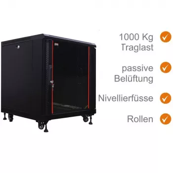 IT-BUDGET 19 inch netwerkkast SRK - 12U - 600x600 mm - glazen/stalen deur - flatpack - zwart (90ITB19SRK1266GSN)