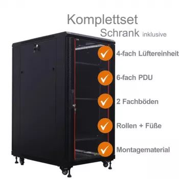 IT-BUDGET 19 inch netwerkkast SRK compleetset - 27U - 600x800 mm - glas-/massieve deur - 4 actieve ventilatoren - PDU - legborden - flatpack - zwart (90ITB19SRK2768GS)