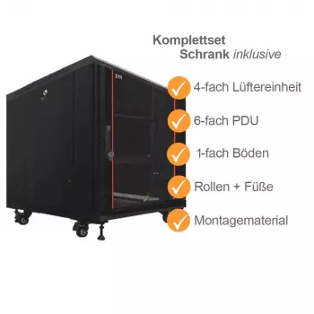 IT-BUDGET 19 inch netwerkkast SRK compleetset 12U 600x600 mm glas-/stalen deur 4 ventilatoren PDU legborden flatpack zwart 90ITB19SRK1266GS