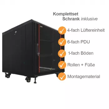 IT-BUDGET 19 inch netwerkkast SRK compleetset 12U 600x600 mm glas-/stalen deur 4 ventilatoren PDU legborden flatpack zwart 90ITB19SRK1266GS