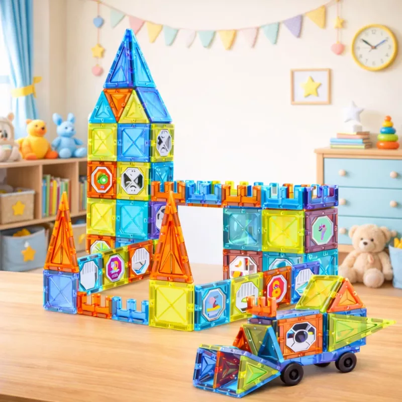 LEAN TOYS magnetische leerblokken met ramen en 3D-voertuigstickers, 138 stuks