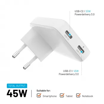 Fixed Slim 2xUSB-C reisoplader 65W GaN PD wit