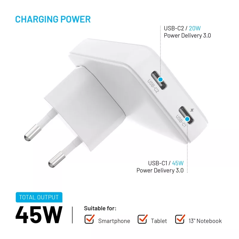 Fixed Slim Traveller 2xUSB-C reisoplader met wereldadapters, GaN, 45W – wit