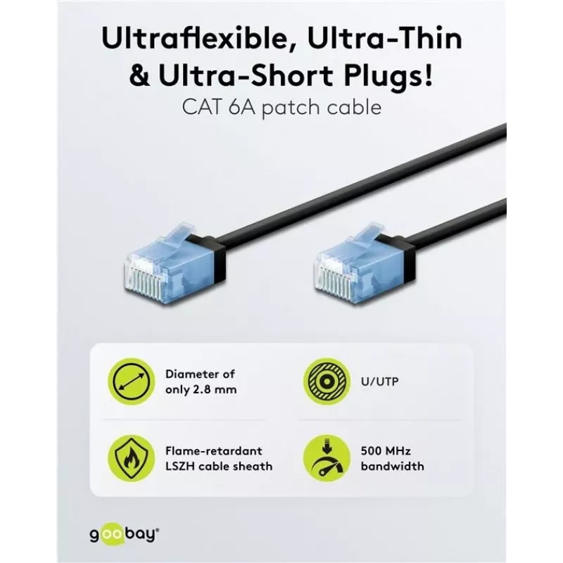 Goobay ultraflexibele CAT 6A Slim U/UTP patchkabel, zwart, 0,25 m, extra korte snagless-aansluitingen 74233