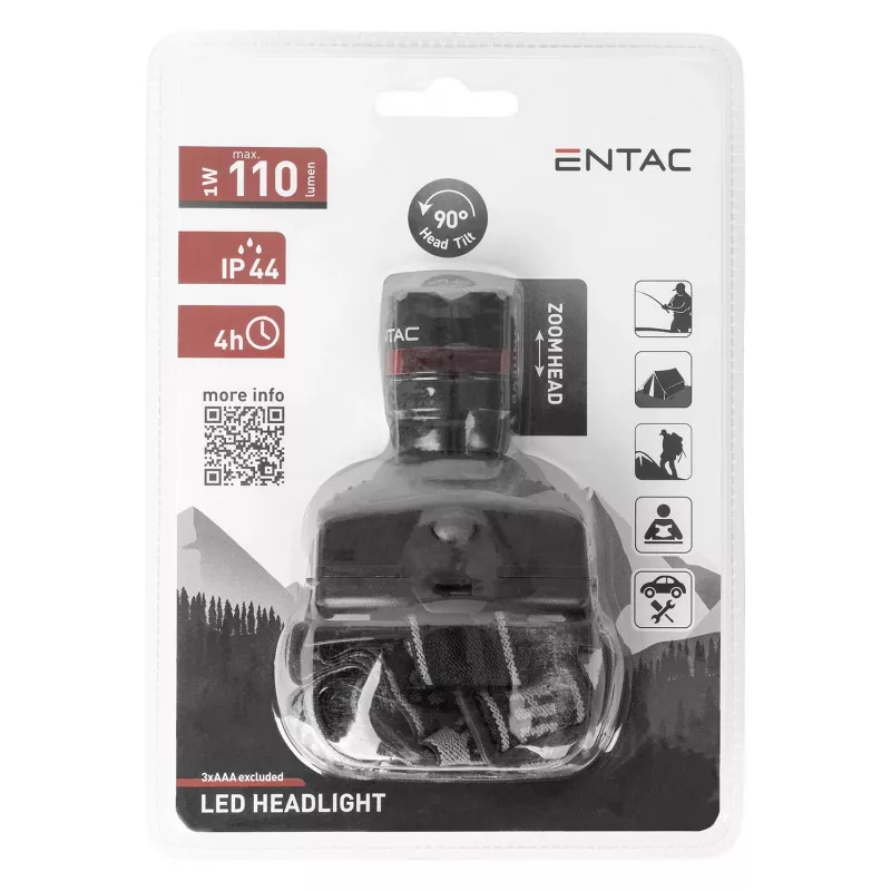ENTAC EHL-ZOOM-1W-PL zoom 1W LED-hoofdlamp, zwart