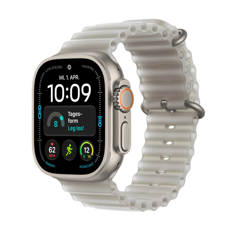 Apple Watch Ultra 4 GPS + Cellular 49 mm natuurtitanium behuizing met transparant grijs Ocean band