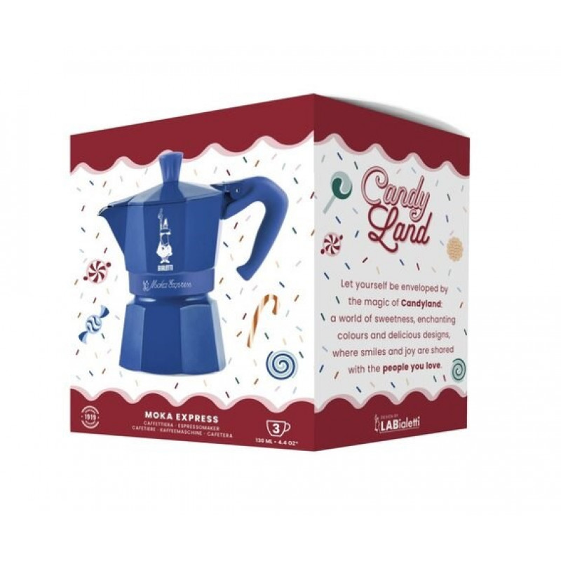 Bialetti Candyland Moka Express 3TZ handmatige koffiemachine, 150 ml, blauw