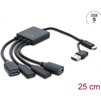 Delock 4-poorts USB 5 Gbps kabelhub met USB Type-C™ of USB Type-A-stekker naar 2 x USB Type-A-bus + 2 x USB Type-C™-bus - 25 cm (64375)