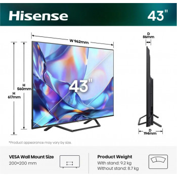 Hisense 43A7S 43 inch QLED 4K VidaaOS 60Hz Dolby Vision IQ 2026 televisie