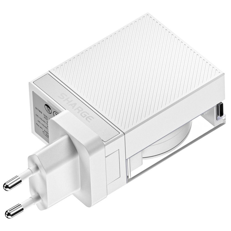 SHARGE oprolbare 65 GaN lader, 65W, 2x USB-C, geïntegreerde USB-C-kabel – wit