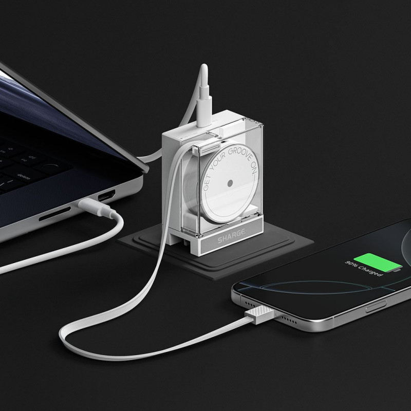 SHARGE oprolbare 65 GaN lader, 65W, 2x USB-C, geïntegreerde USB-C-kabel – wit