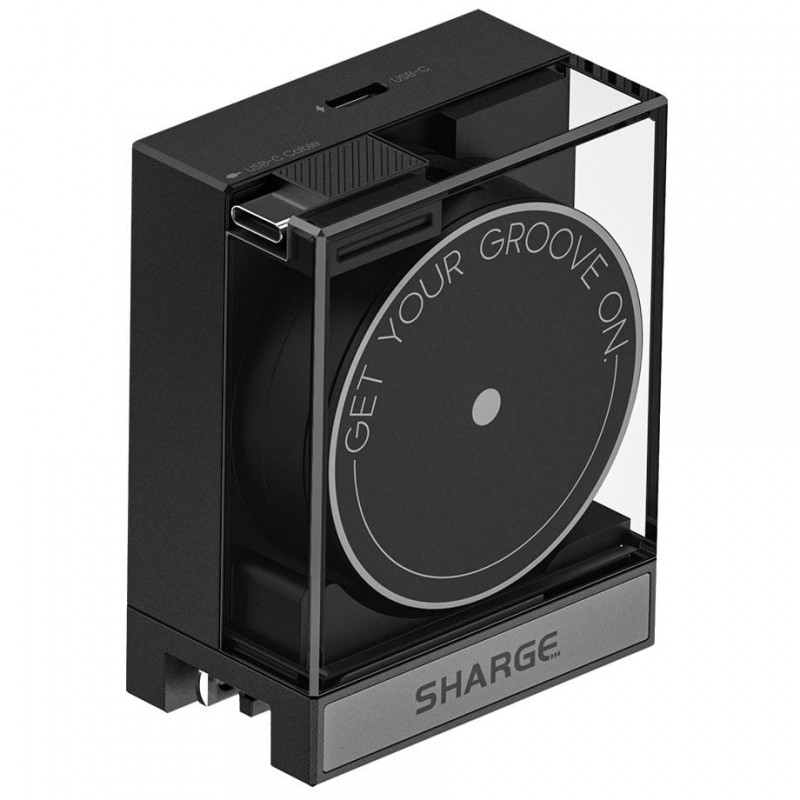 SHARGE oprolbare 65-GaN-lader, 65 W, 2x USB-C, geïntegreerde USB-C-kabel, zwart