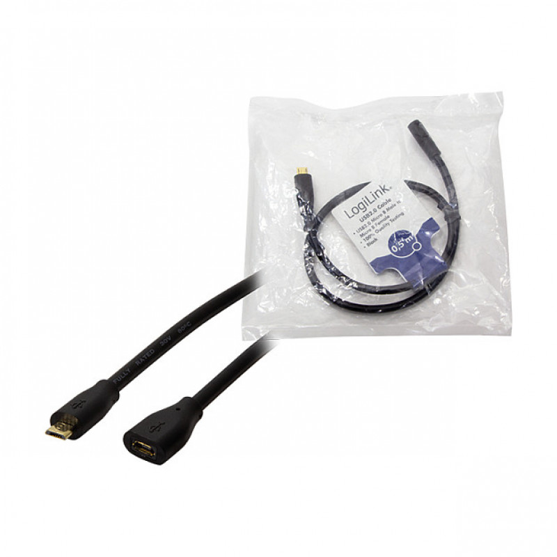 LogiLink CU0120 USB 2.0 verlengkabel, Micro-USB B stekker naar Micro-USB B bus, 0,5 m, zwart