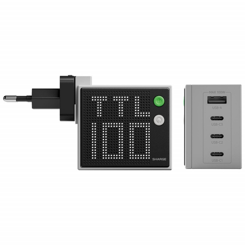 SHARGE Pixel 100 GaN oplader, 100W, 3x USB-C, 1x USB-A - grijs