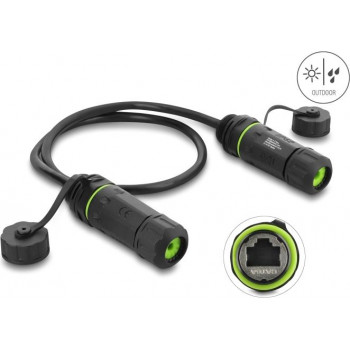 Delock dual-kabelverbinder RJ45-bus naar RJ45-bus Cat.6A voor installatie met M20 x 1,5 mm schroefdraad IP68 stof- en waterdicht 0,5 m zwart (91839)