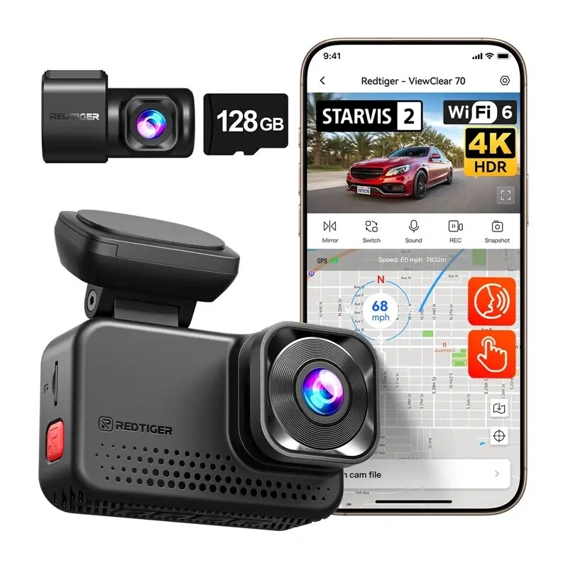 REDTIGER VC70 wifi 4K + 2,5K dashcam met 128GB kaart