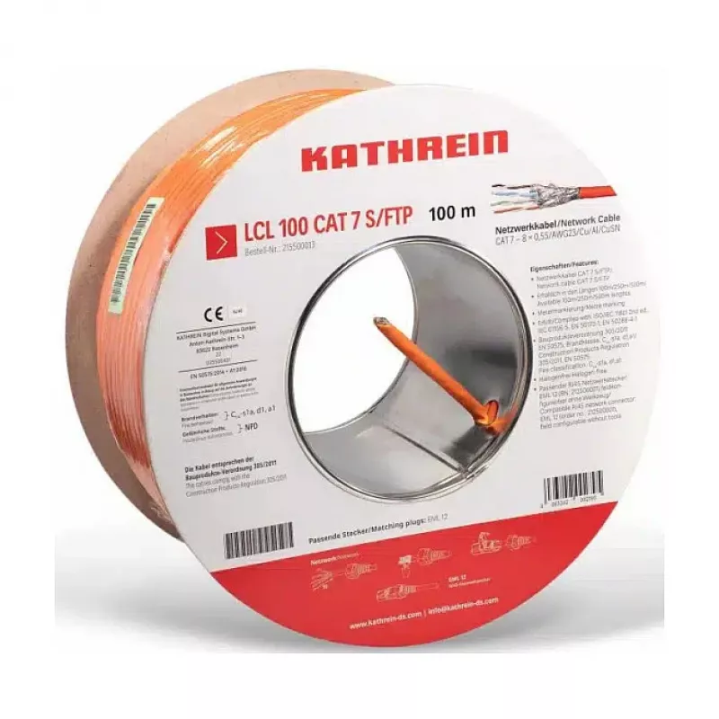 Kathrein Cat.7 netwerkinstallatiekabel, 100 m, dubbel afgeschermd, 7,2 mm buitendiameter, kopergeleider (215500013)