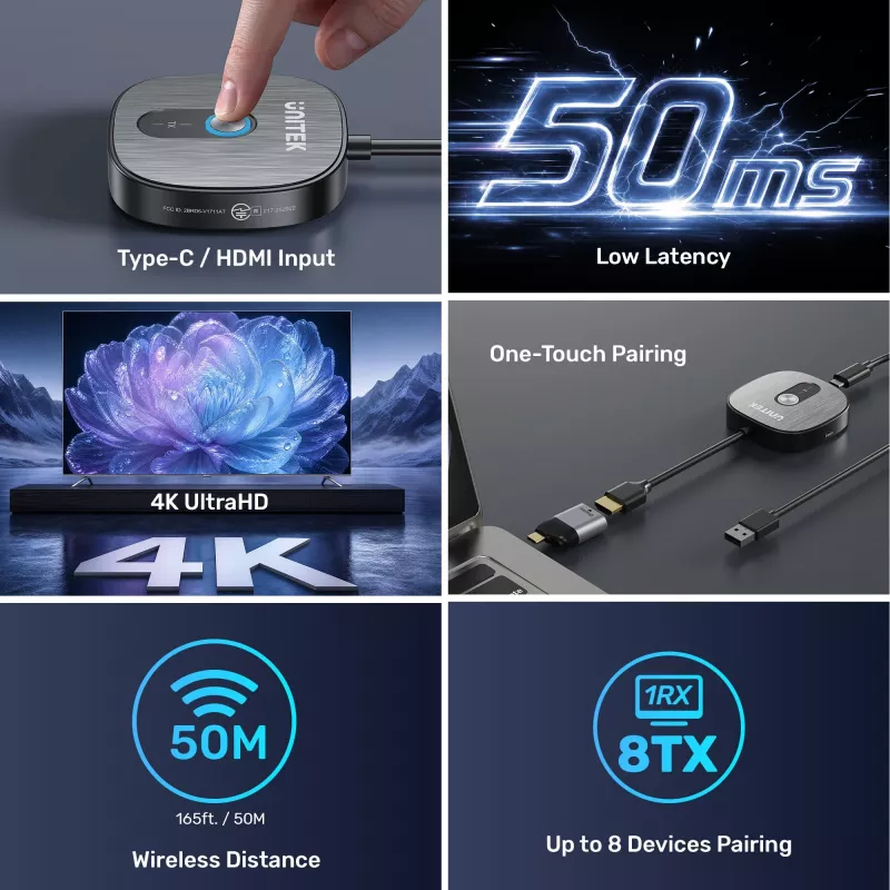 Unitek draadloze HDMI-ontvanger 4K@30Hz met zender en USB-C naar HDMI adapter set
