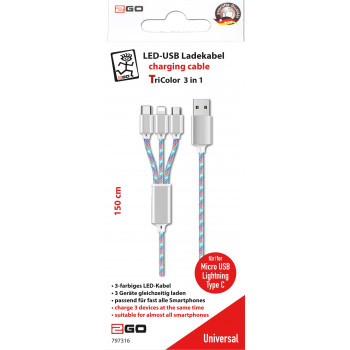 2GO USB-kabel USB-B naar USB-C/Micro-USB-B/Lightning, 1,5 m, meerkleurig