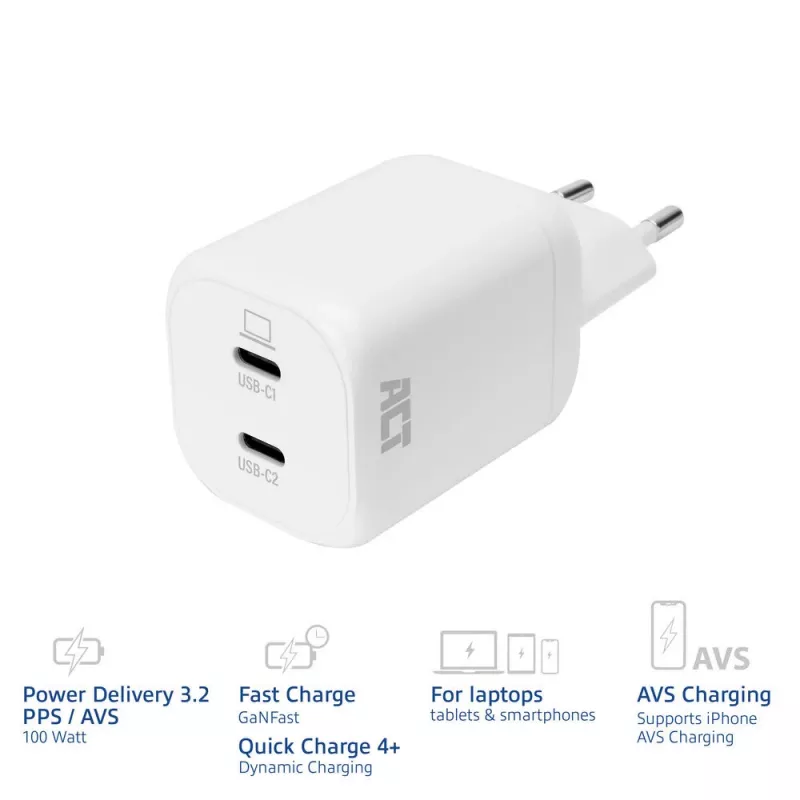 ACT USB-C oplader 100W 2-poorts met Power Delivery 3.2, PPS, AVS, QuickCharge en GaNFast
