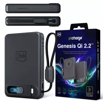 3mk incharge Genesis Qi2 25W draadloze oplader + PD 45W met geïntegreerde USB-C-kabel, zwart