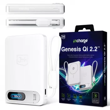 3mk incharge® Genesis Qi 2 25W draadloze oplader + PD45W, geïntegreerde USB-C-kabel, wit