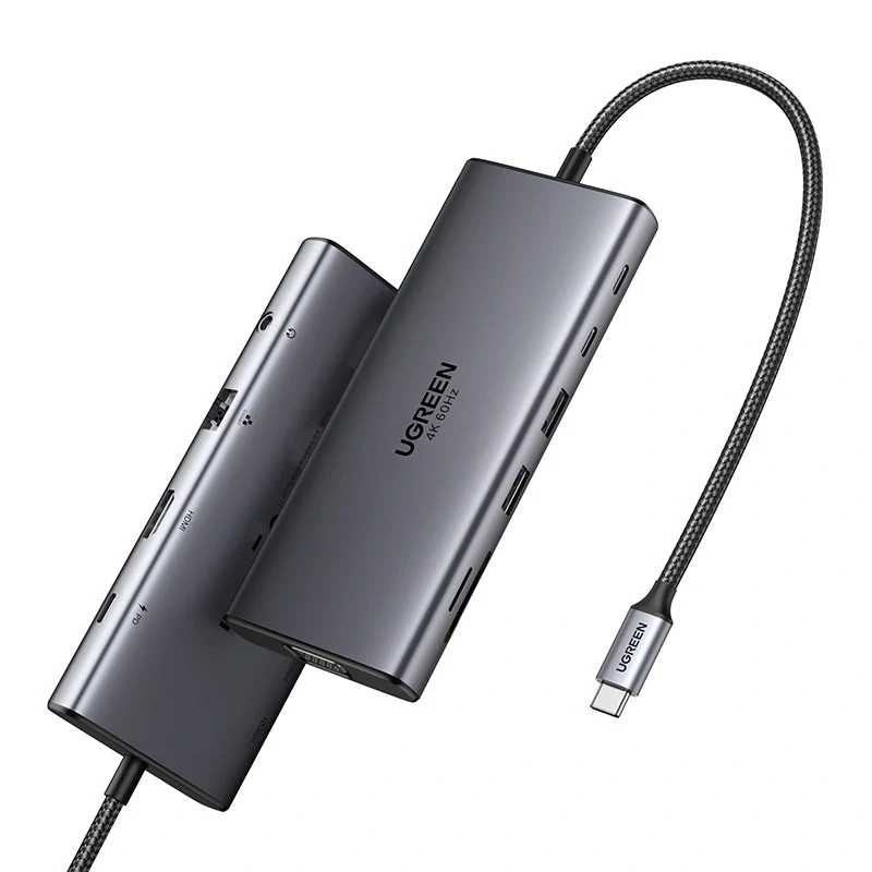 Ugreen CM639 USB-C-hub, HDMI, VGA, 2x USB-C 3.2 10 Gbps, 2x USB, SD/TF, RJ45, aux 3,5 mm, PD, 4K 60 Hz