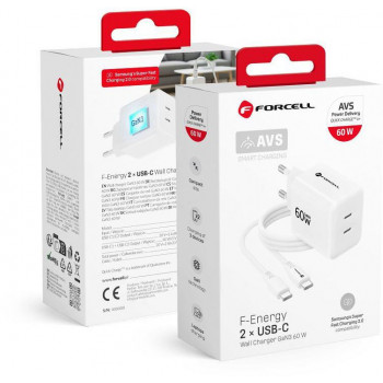 Forcell F-Energy GaN III Crystal Color VT-60 60W PD QC 4.0 2x USB-C wandlader wit + kabel