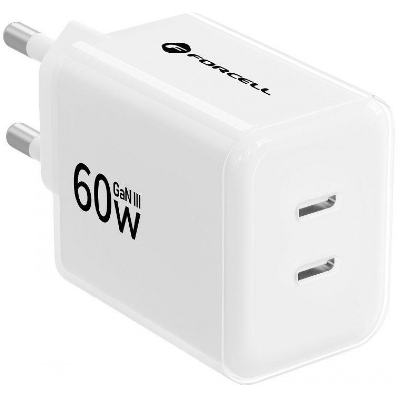 Forcell F-Energy GaN III Crystal Color VT-60 60W PD QC 4.0 2x USB-C wandlader wit + kabel