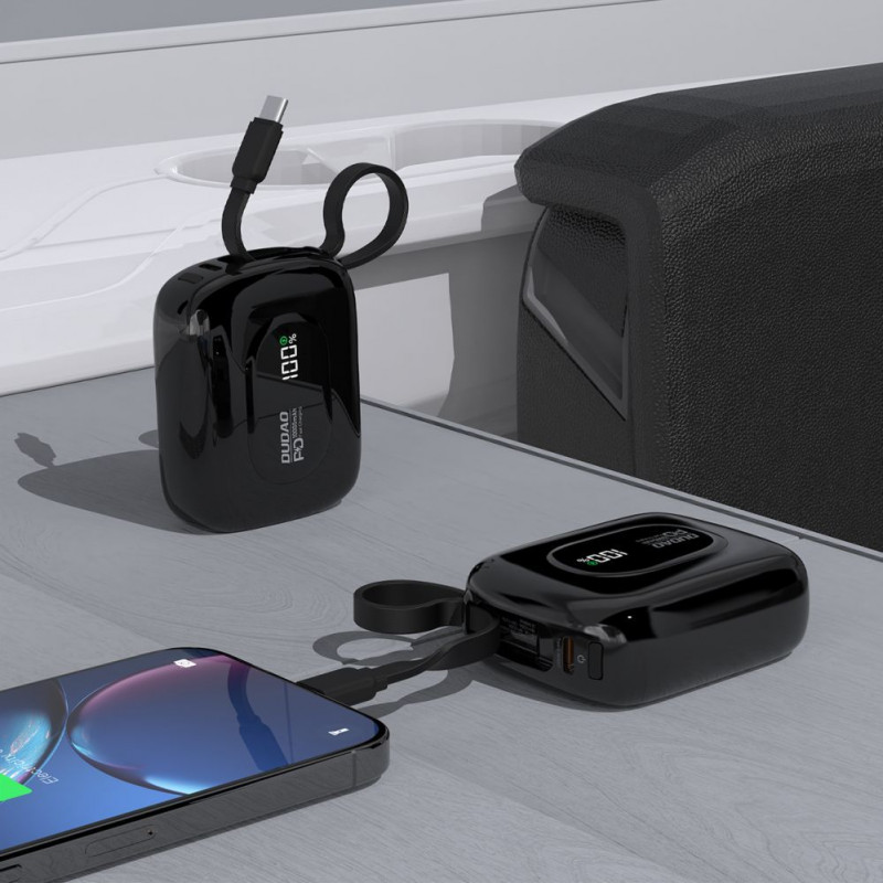 Dudao K32 powerbank 22,5 W 10000 mAh met geïntegreerde USB-C-/Lightning-kabel – zwart