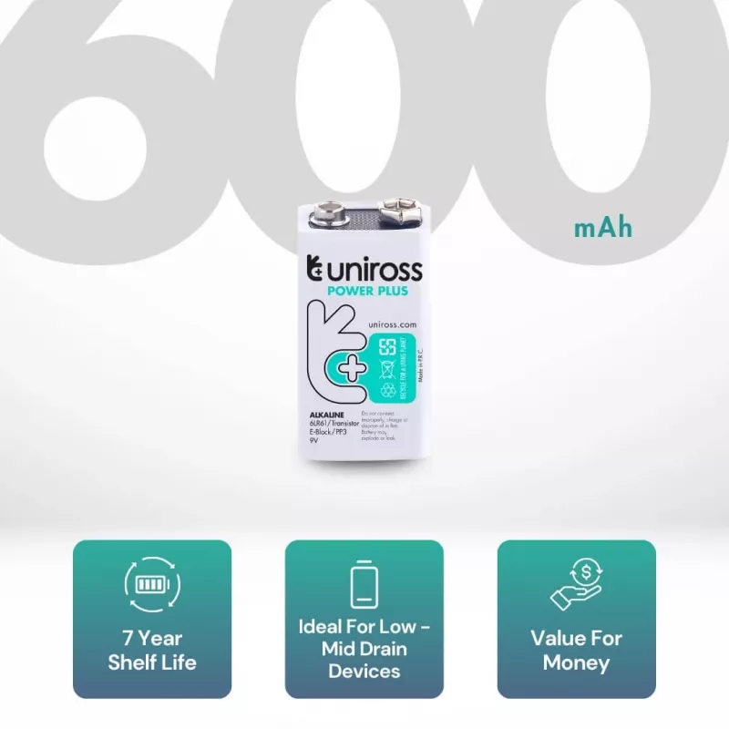 Uniross Power Plus alkalinebatterij 6LR61 9V 600mAh, 1 stuk