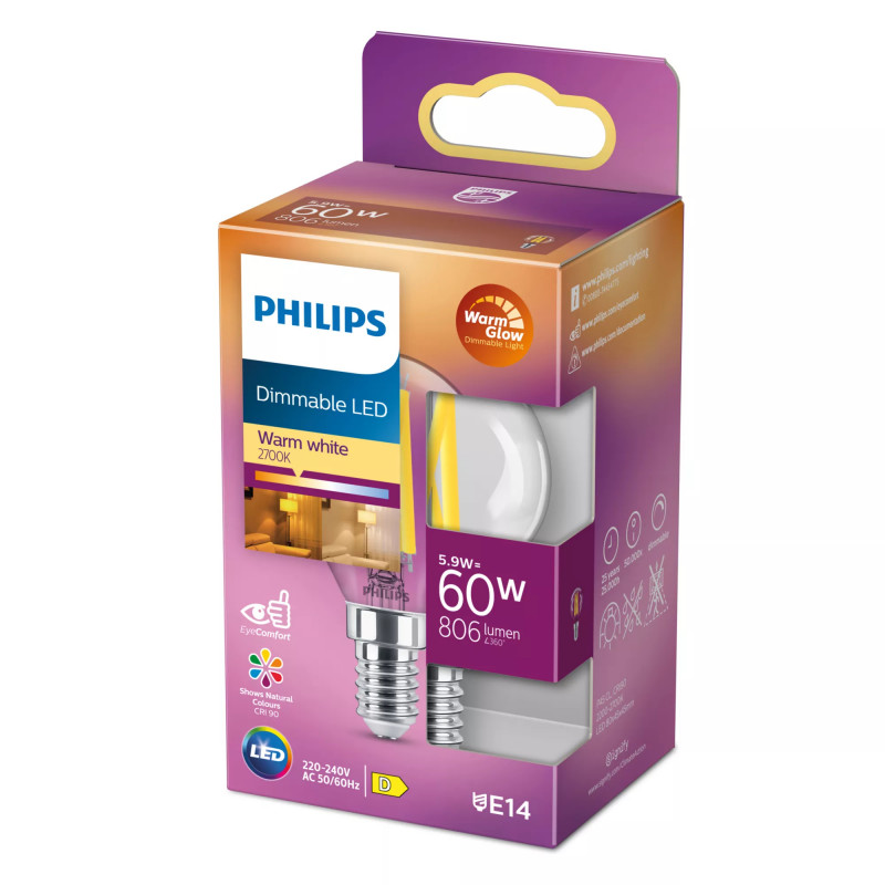 Philips LED classic WarmGlow lamp 60W E14, druppel, helder, dimbaar