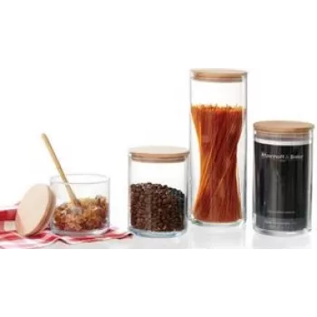 Ritzenhoff & Breker FAIA voorraadpot, rond, 0,6 l, glas, cilindrisch, beukenhouten deksel met silicone, 3 stuks