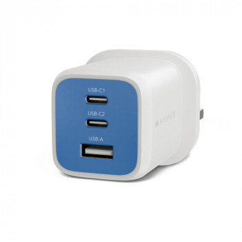 Targus HyperJuice Flex 65W GaN oplader, 2x USB-C + 1x USB, Snorkel Blue (HJ1202BUEU)